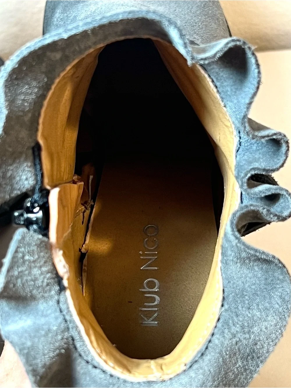 Klub Nico “Bellamy” Women’s Ruffle Ankle Booties Bluish Gray Suede Boots | SZ 6